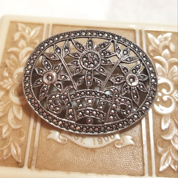 Antique 1930s Art Deco Sterling Marcasite Flower Basket Brooch - Picture 5 of 5